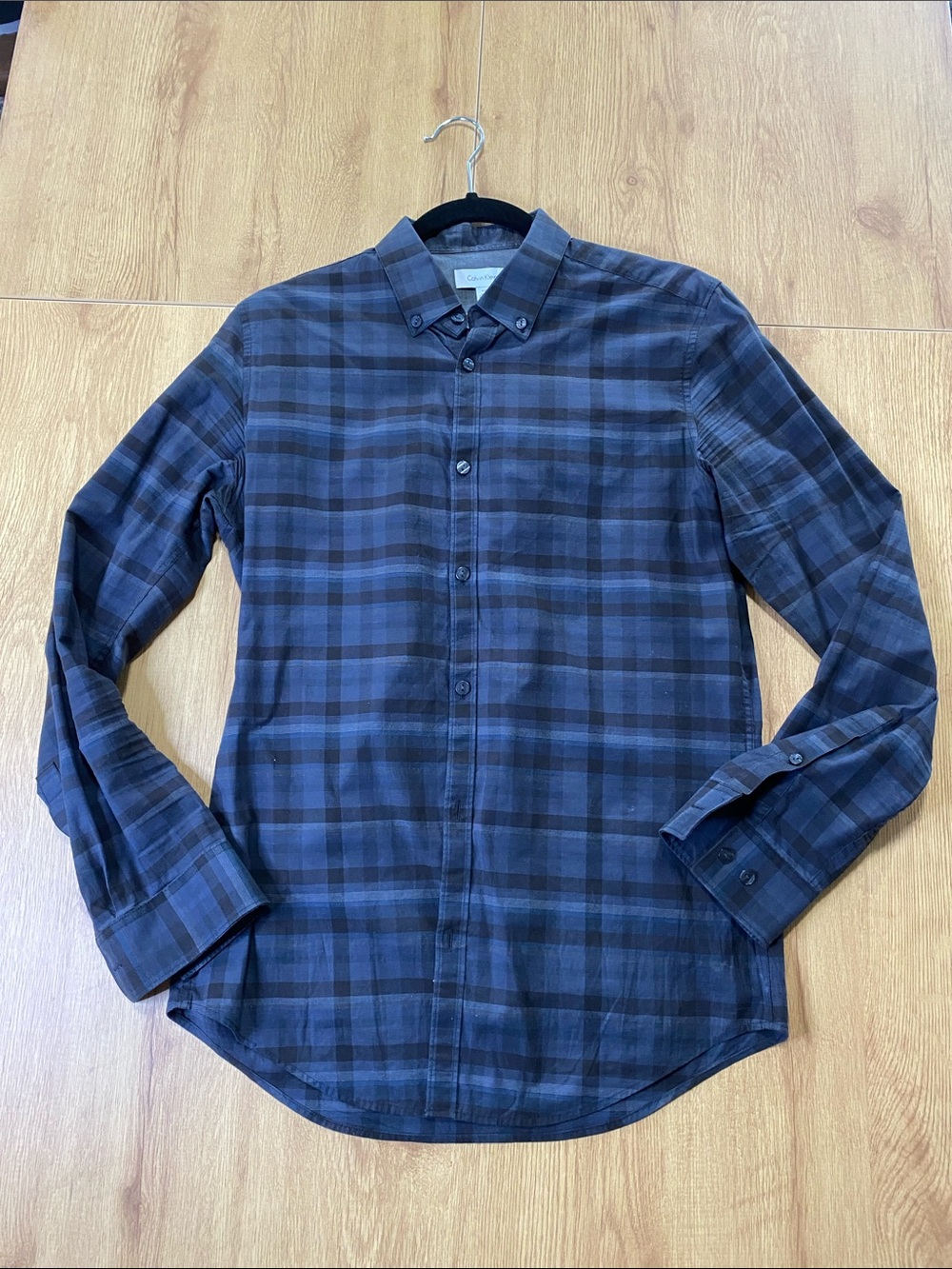 Calvin Klein Men's Navy and Black Plaid Button-Down Shirt